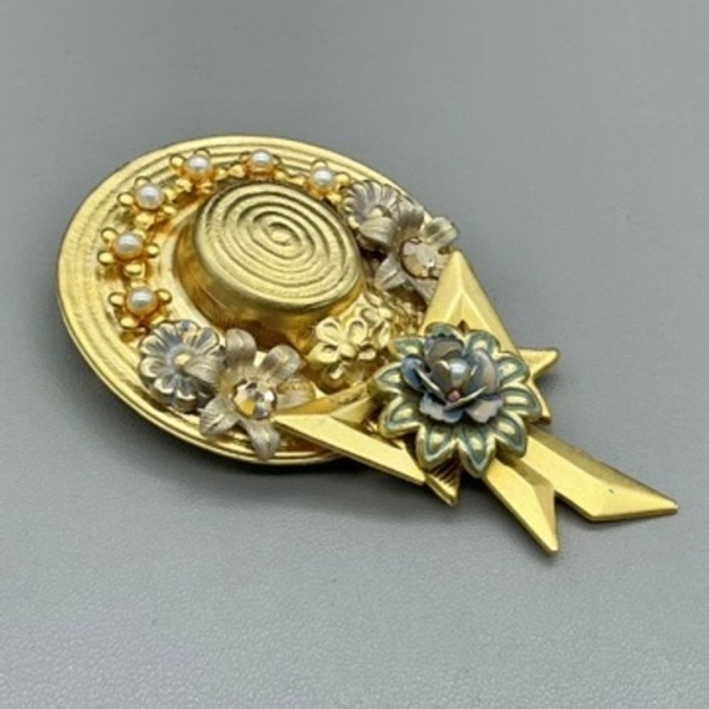 Vintage Hat Brooch Pin Women Gold Tone Floral Faux Pearl Rhinestone Ribbon
